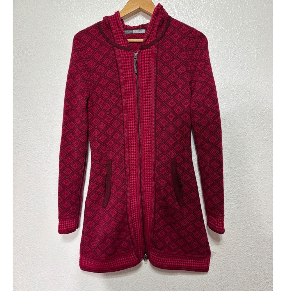 Athleta Wool Blend Fair Isle Snowflake Full Zip Hooded Sweater Coat Berry Red S